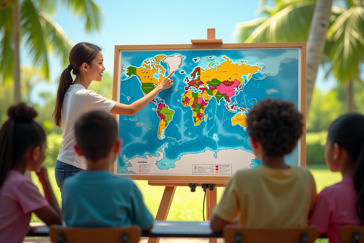Classe en plein air avec carte du monde et Guadeloupe