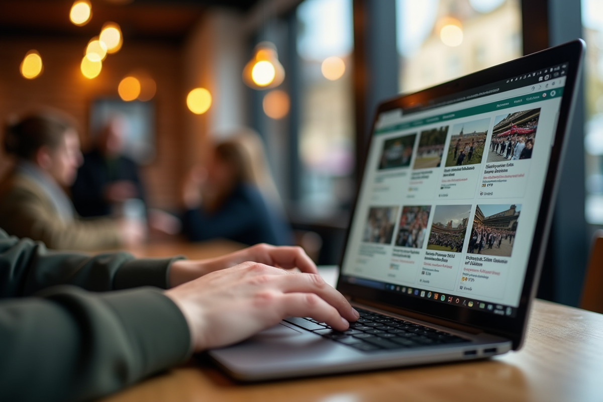 Mains tapant sur un ordinateur portable dans un café moderne