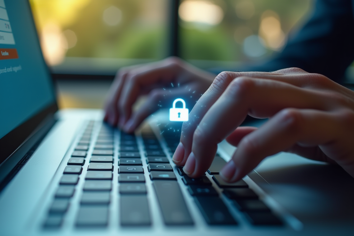 Mains tapant sur un clavier avec icône de sécurité email