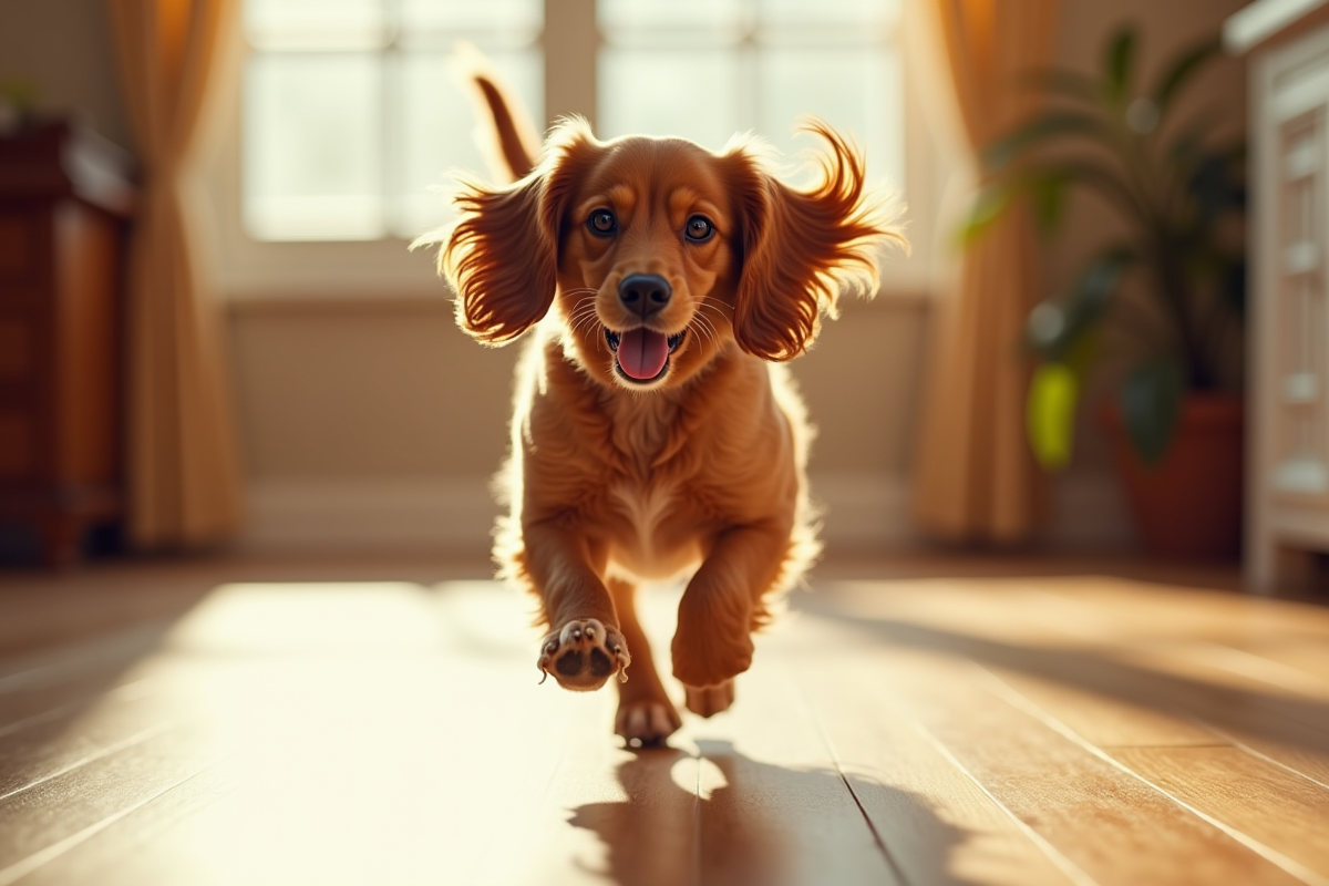 Cocker spaniel jouant dans une maison sur un sol en bois