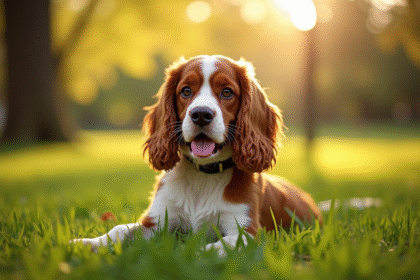 Cocker spaniel assis dans un parc ensoleille avec verdure