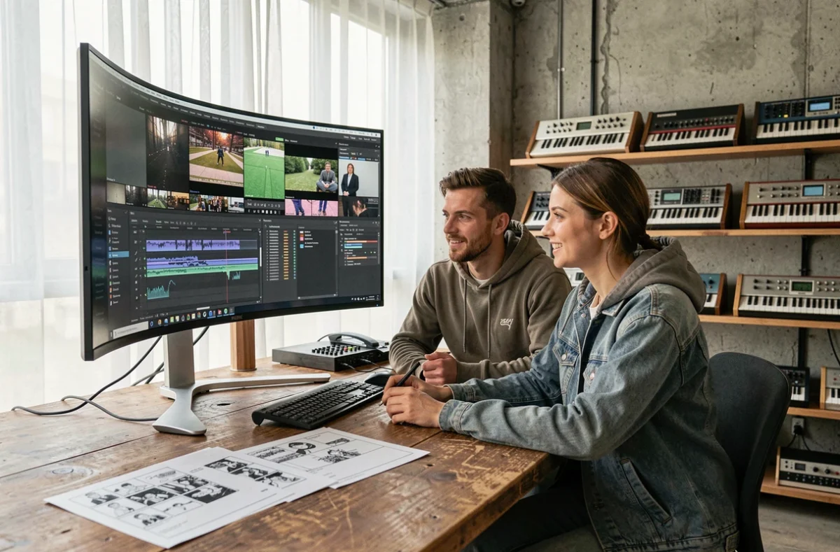 Collaboration entre musicien et visual jockey en studio créatif partagé devant un écran ultrawide