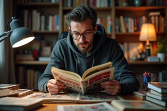 Collectionneur comparant des comics Spider-Man pour analyser la fidélité des adaptations cinématographiques