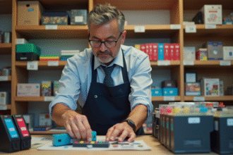 Commercant espagnol arrangeant cartouches d'encre colorées dans sa boutique