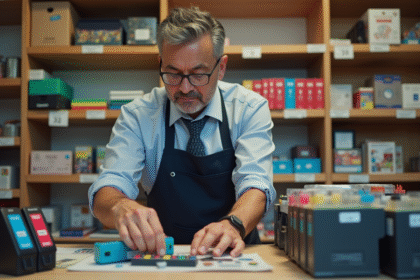 Commercant espagnol arrangeant cartouches d'encre colorées dans sa boutique