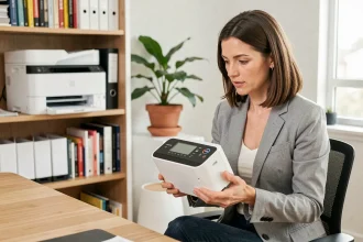 Femme en bureau à domicile comparant une imprimante portable couleur et une imprimante WiFi posée sur une étagère