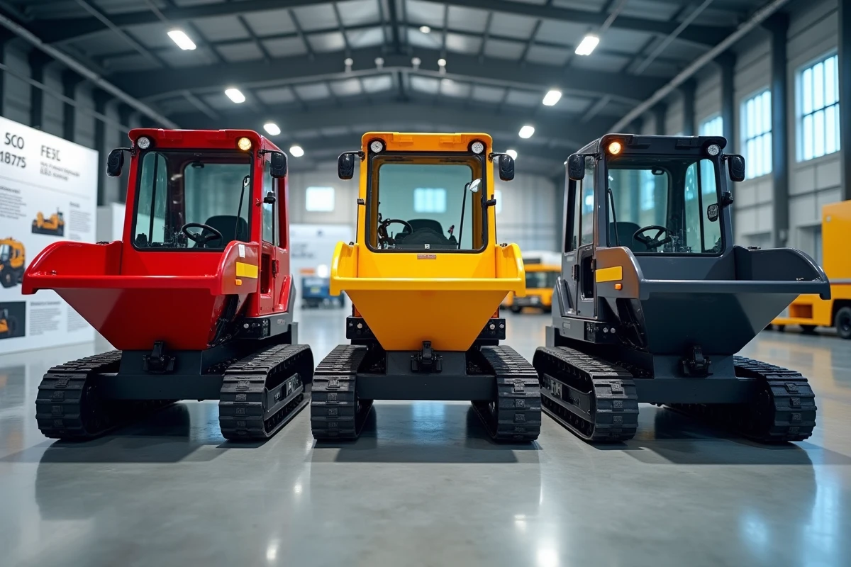 Trois modèles de mini dumpers exposés côte à côte dans un salon professionnel du BTP, comparaison de designs et technologies 2026