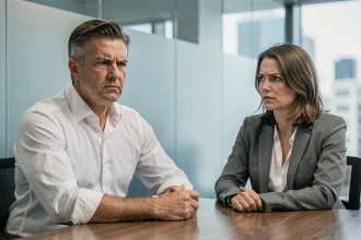 Homme au comportement manipulateur regardant froidement une femme lors d'une réunion de bureau tendue