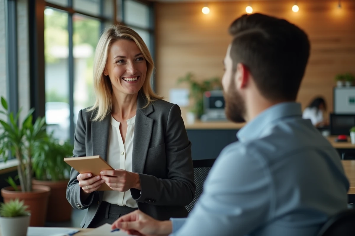 Consultante RH en entretien avec un employé dans un espace détente