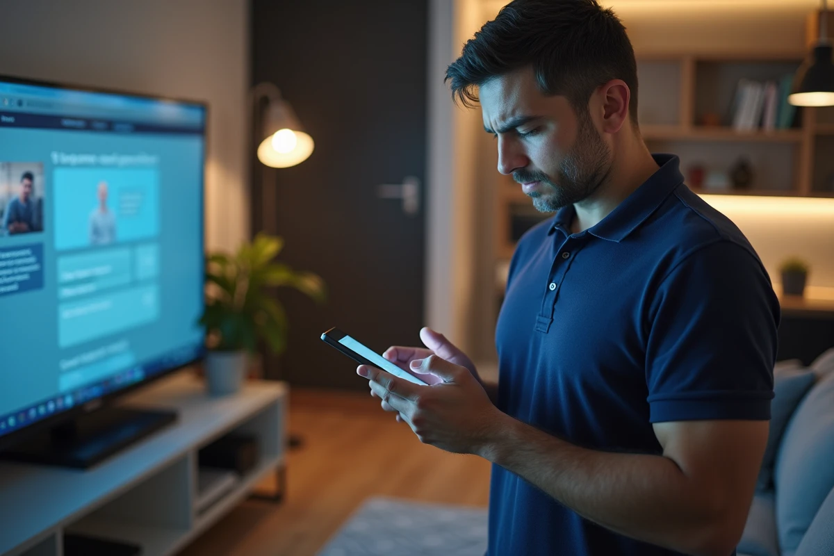 Homme cherchant le numéro du SAV Darty sur son téléphone devant sa télévision