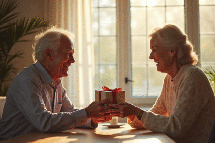 Couple agee echangeant un cadeau au diner lumineux