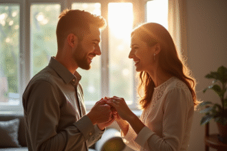 Couple souriant échangeant des anneaux dans un salon lumineux