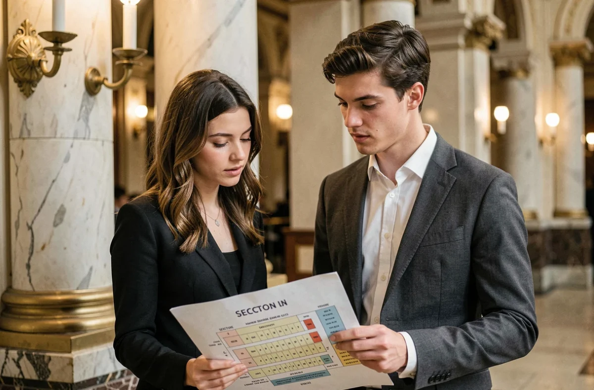 Couple consultant le plan de salle du Grand Rex dans le hall pour choisir leurs places selon leur budget
