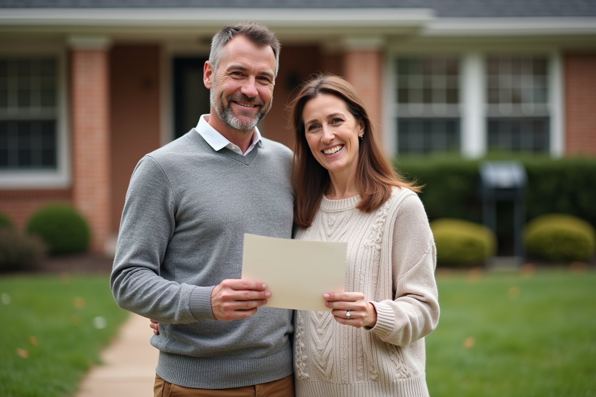 Couple souriant avec lettre de renouvellement immobilier