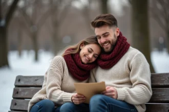 Couple romantique assis sur un banc en hiver tenant une lettre d'amour manuscrite pour la Saint-Valentin