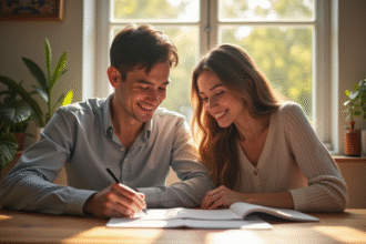 Jeune couple souriant avec liste de prénoms J
