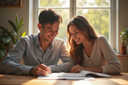Jeune couple souriant avec liste de prénoms J
