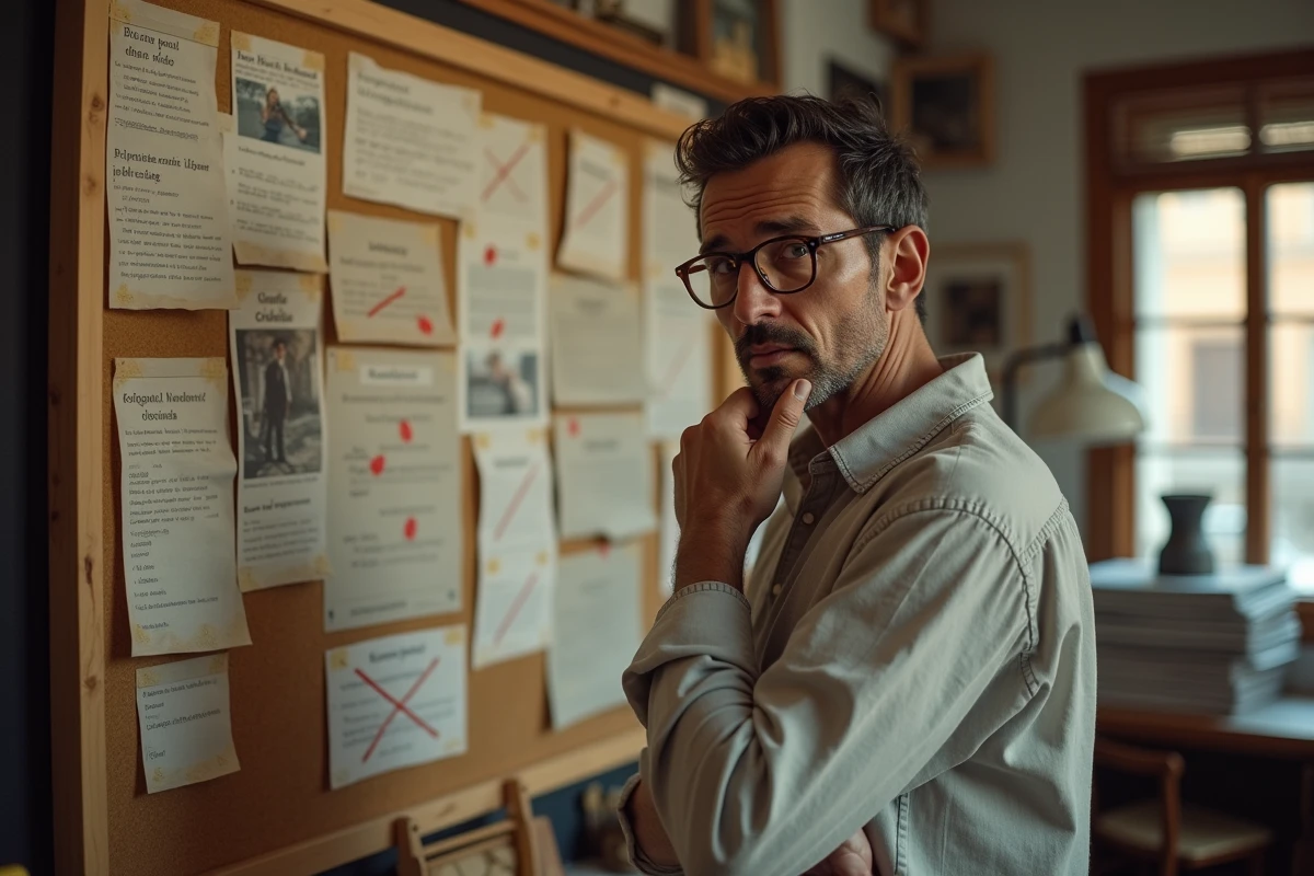 Critique de cinéma espagnol analysant une nouvelle série à succès devant un tableau de recherches dans un bureau de Séville