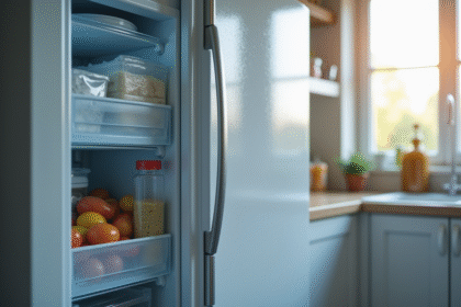 Cuisine moderne avec un congélateur entrouvert et givre