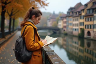 Femme consultant une carte touristique sur le Pont du Corbeau à Strasbourg avec les maisons à colombages de La Petite France en arrière-plan