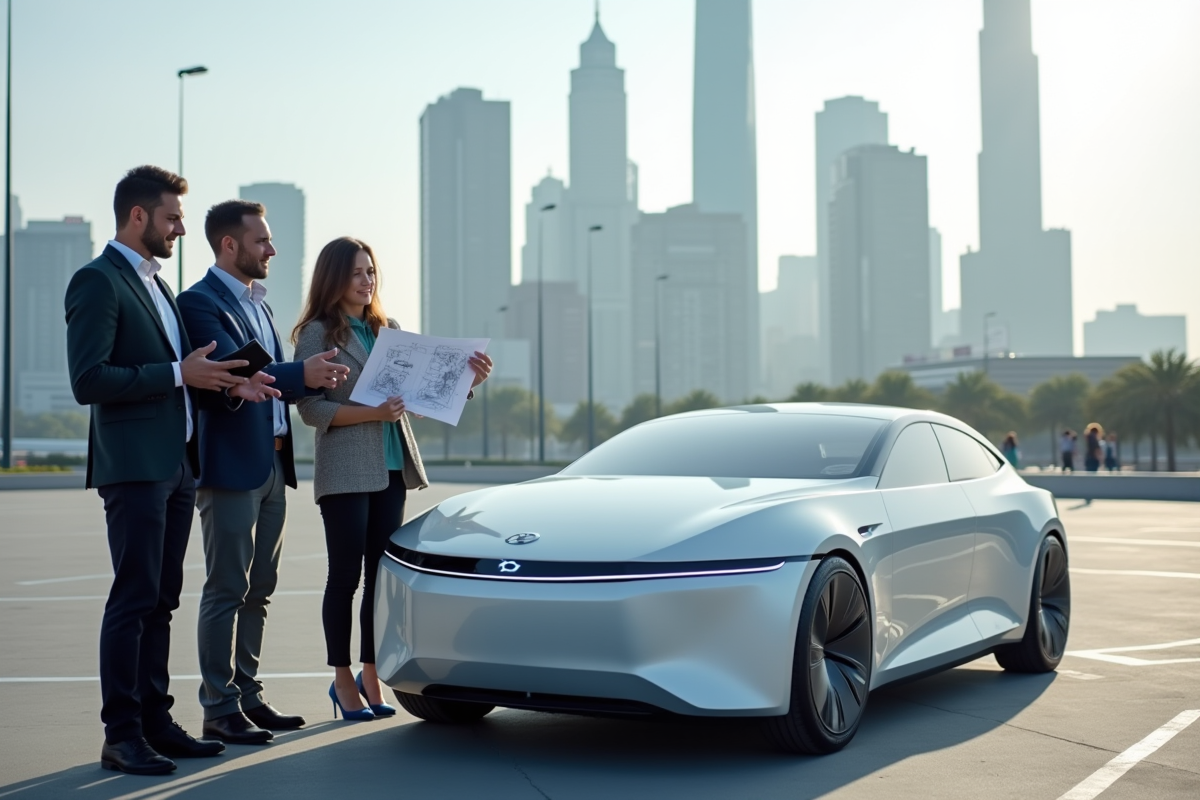 Groupe de designers automobiles autour d un véhicule autonome en extérieur