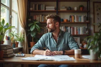 Homme pensif en studio dessinant un personnage de cartoon