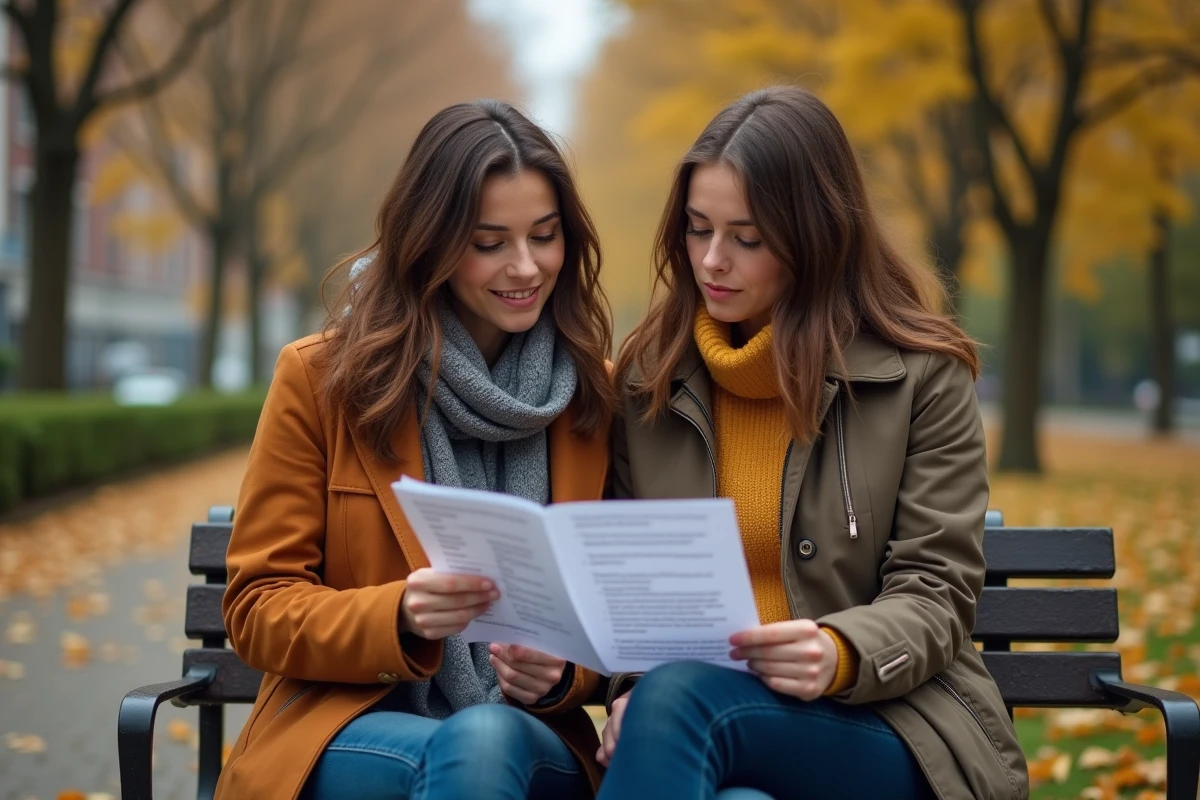 Deux femmes assises sur un banc dans un parc étudiant ensemble une feuille d'exercices de grammaire française en automne