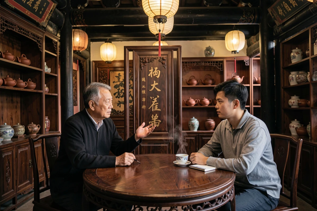 Deux hommes chinois discutant de proverbes sur la richesse et la sagesse autour d'une table dans une maison de thé traditionnelle de Chengdu