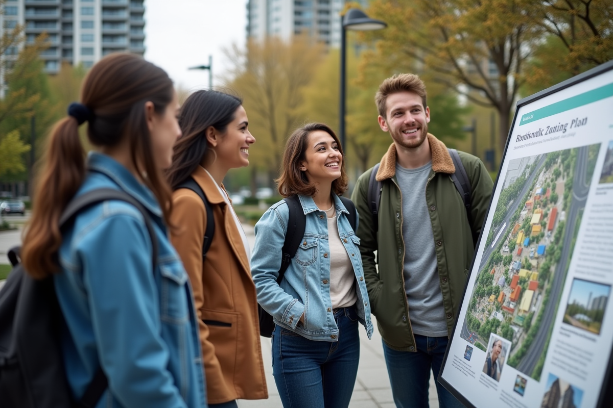 Groupe de jeunes discutant d un plan de zonage en extérieur
