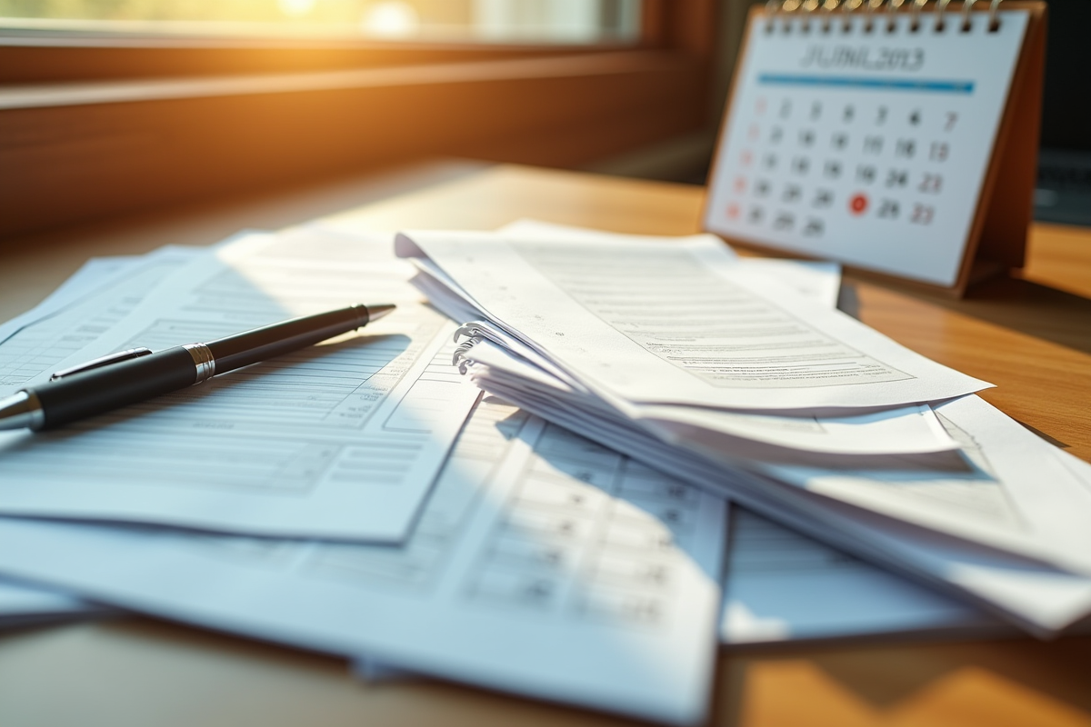 Dossiers de prêt étudiant et calendrier sur bureau ensoleille