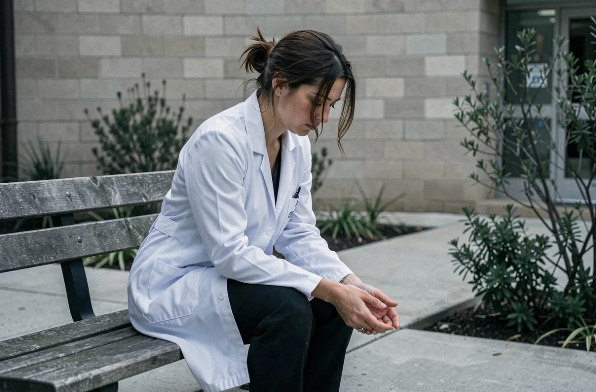 Médecin femme seule sur un banc dans la cour d'un hôpital, posture de désillusion et de fatigue émotionnelle, photo réaliste éditoriale
