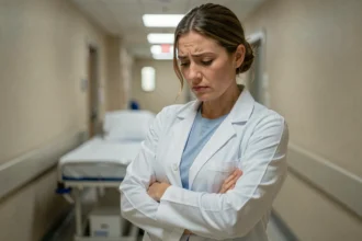 Médecin femme en blouse blanche dans un couloir d'hôpital, expression pensive et empathique, portrait éditorial réaliste
