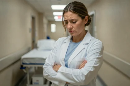 Médecin femme en blouse blanche dans un couloir d'hôpital, expression pensive et empathique, portrait éditorial réaliste