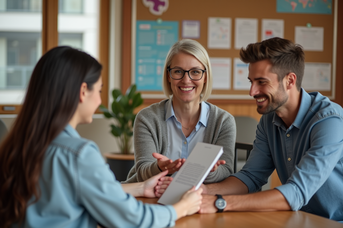 Homme et femme souriants échangeant une brochure dans un espace détente