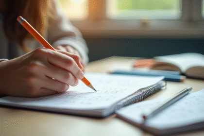 Main d'étudiant écrivant des équations mathématiques dans un cahier lumineux