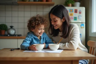 Garçon de 7 ans avec sa mère autour d'une horloge vintage