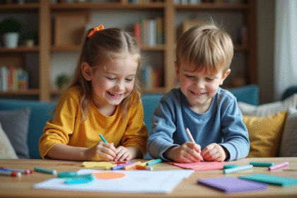 Deux enfants créant un kit de bricolage dans un salon chaleureux