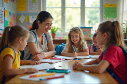 Groupe d'enfants d'école primaire dans une classe lumineuse avec une enseignante
