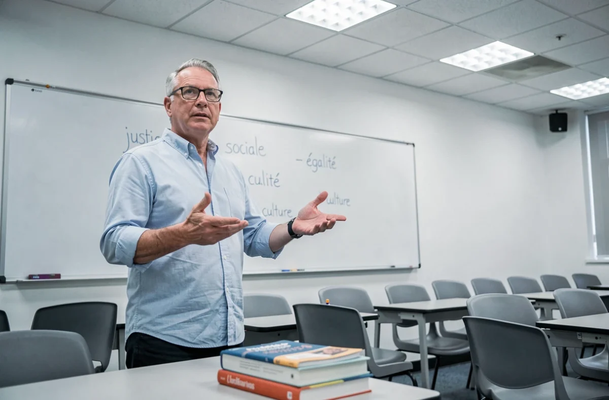 Enseignant expliquant des concepts liés au wokisme devant un tableau blanc dans une salle de classe