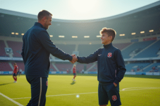 Entraineur de football serrant la main d'un jeune talent sur le terrain à Dunkerque