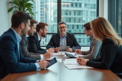 Groupe de professionnels en réunion dans un bureau moderne