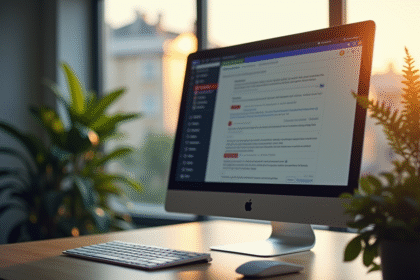 Espace de travail professionnel à Lyon avec écran webmail