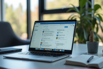 Espace de travail moderne avec un ordinateur portable affichant une interface webmail
