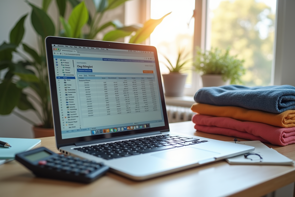 Espace de travail organisé avec ordinateur et vêtements d