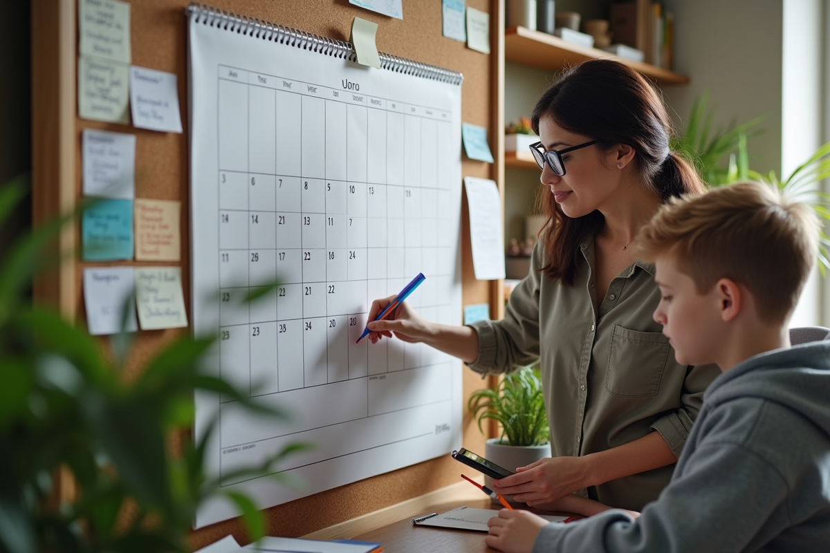 Mère et fils organisant un calendrier dans un bureau à domicile
