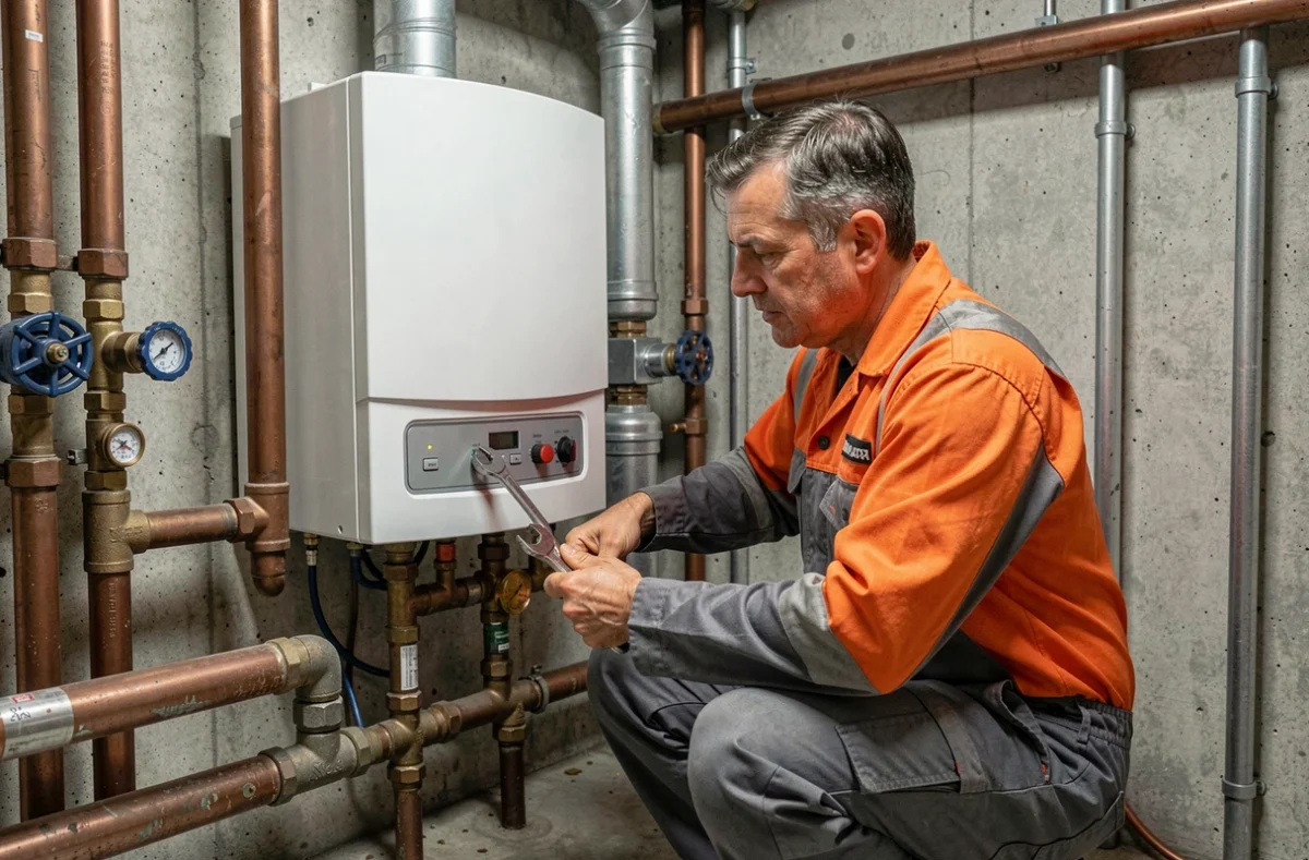 Plombier chauffagiste Durand TechSaniTherm travaillant sur une chaudière en Meurthe-et-Moselle