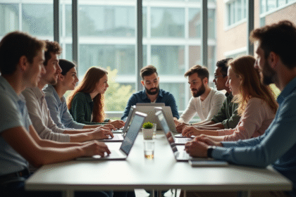 Groupe d'étudiants divers travaillant sur ordinateurs en ligne