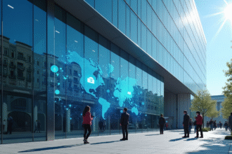 Façade moderne d'une banque avec reflets bleus et icônes financières