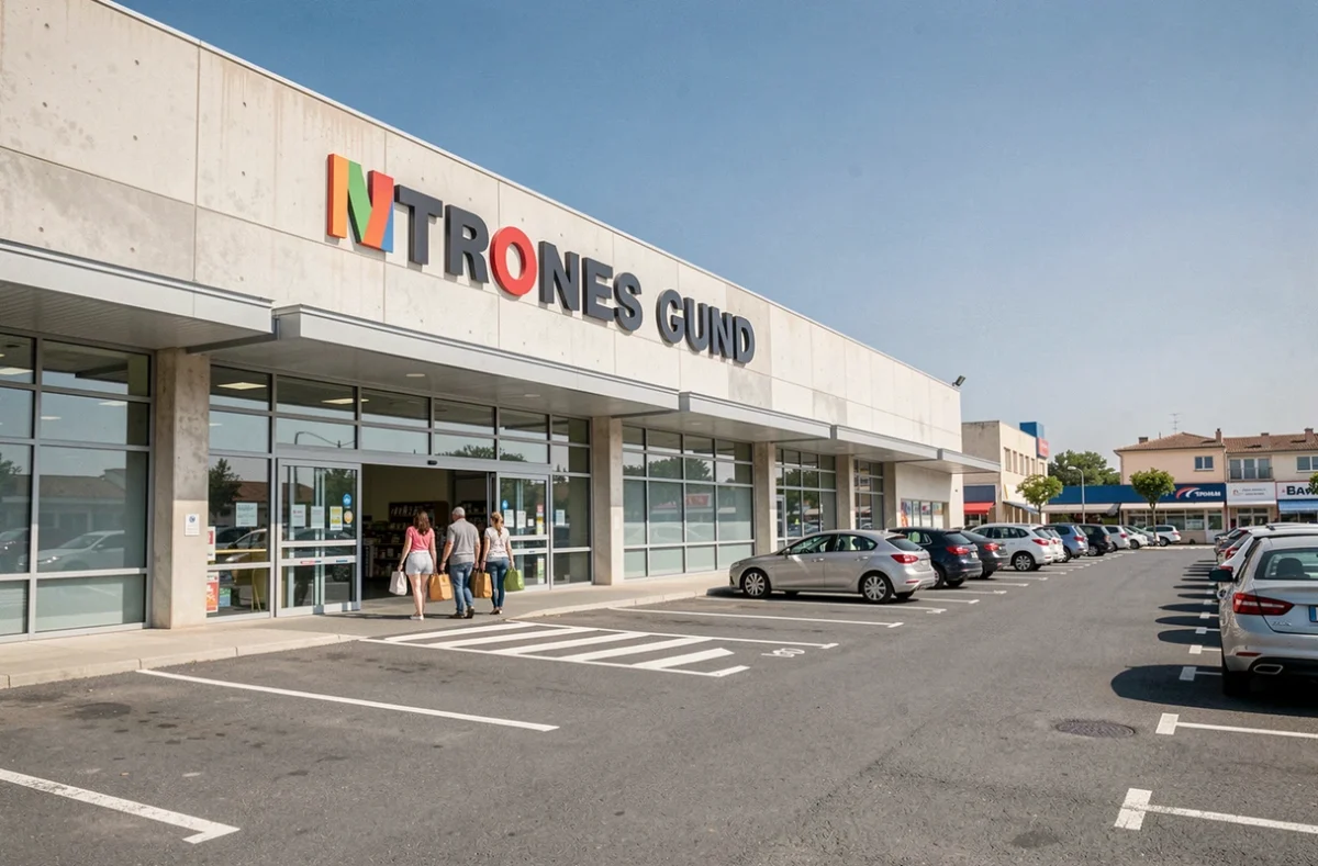 Façade d'un supermarché de Montpellier ouvert le dimanche avec des clients attendant à l'entrée et un parking partiellement rempli