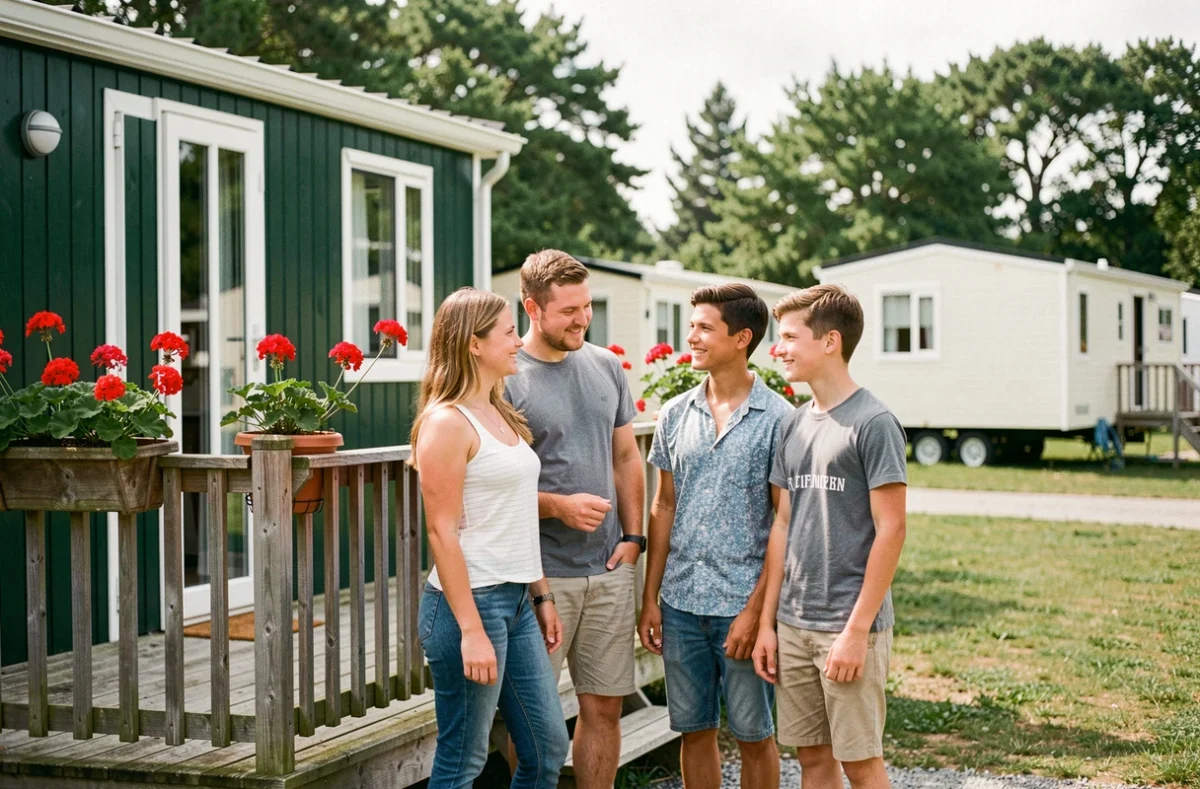 Famille française profitant de leur mobil-home dans un camping breton, vue de la terrasse extérieure en bois